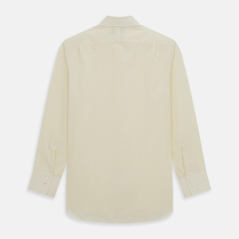The Turnbull & Asser Yellow Pinstripe Mayfair Shirt, made from organic cotton with long sleeves, a T&A collar, and front buttons, features subtle vertical stripes and is shown on a plain white background.