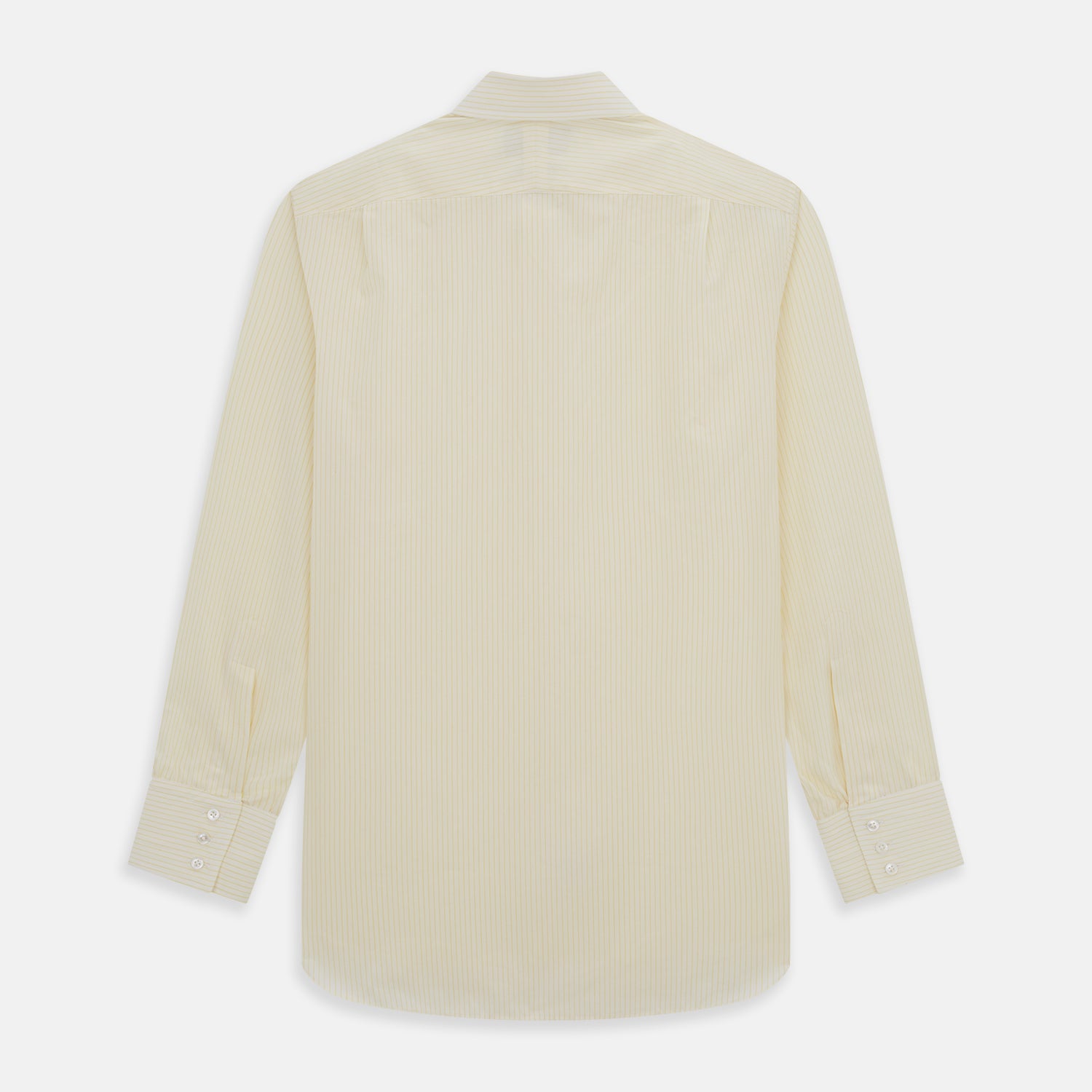 View 5 of product The Turnbull & Asser Yellow Pinstripe Mayfair Shirt, made from organic cotton with long sleeves, a T&A collar, and front buttons, features subtle vertical stripes and is shown on a plain white background.