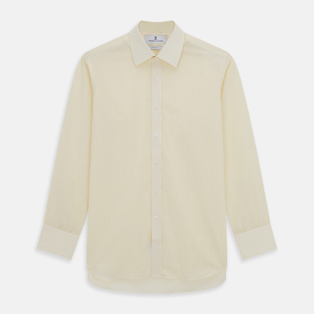 The Turnbull & Asser Yellow Pinstripe Mayfair Shirt, made from organic cotton with long sleeves, a T&A collar, and front buttons, features subtle vertical stripes and is shown on a plain white background.