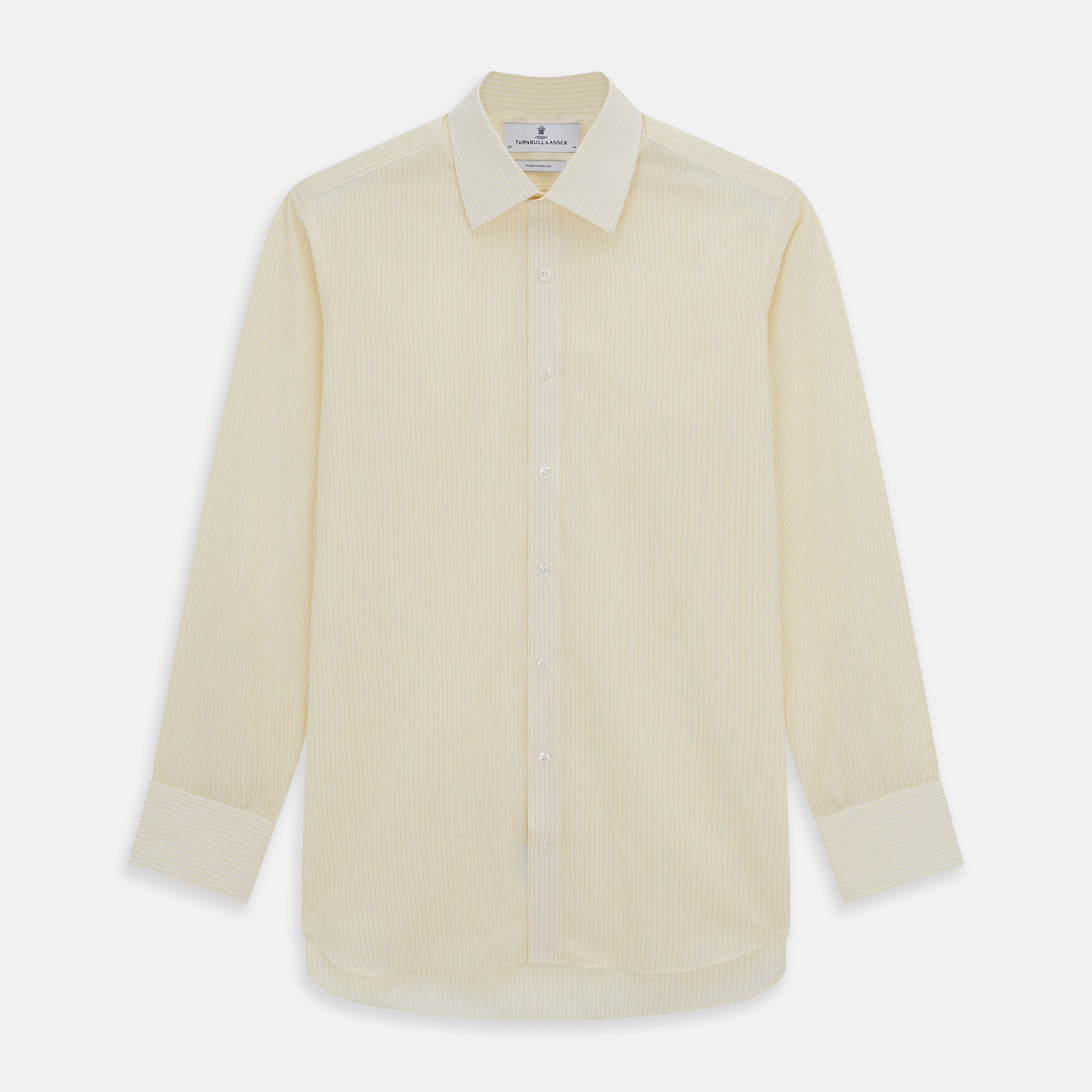 View 1 of product The Turnbull & Asser Yellow Pinstripe Mayfair Shirt, made from organic cotton with long sleeves, a T&A collar, and front buttons, features subtle vertical stripes and is shown on a plain white background.