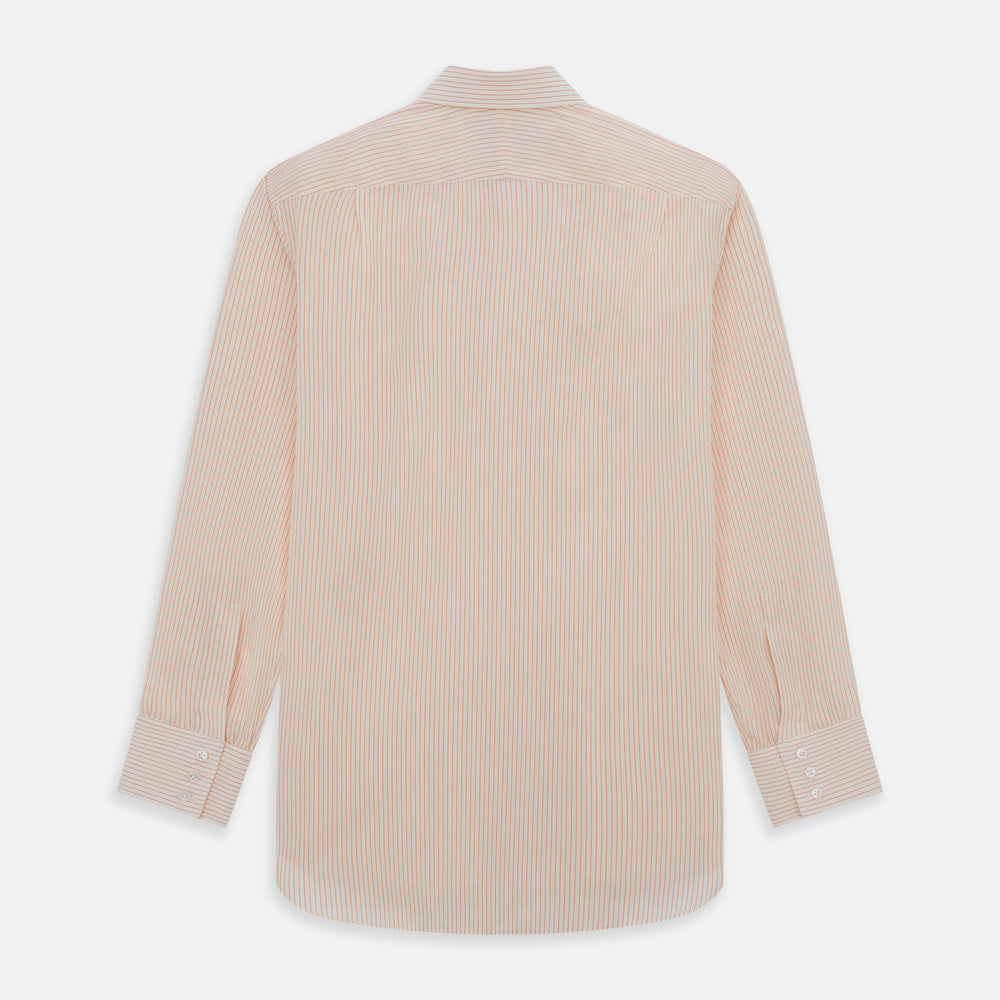 The Turnbull & Asser Orange Pinstripe Mayfair Shirt with a T&A collar and thin peach and white stripes is laid flat on a white background.