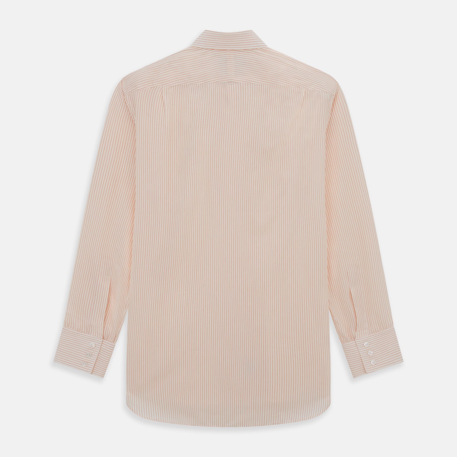 View 5 of product The Turnbull & Asser Orange Pinstripe Mayfair Shirt with a T&A collar and thin peach and white stripes is laid flat on a white background.