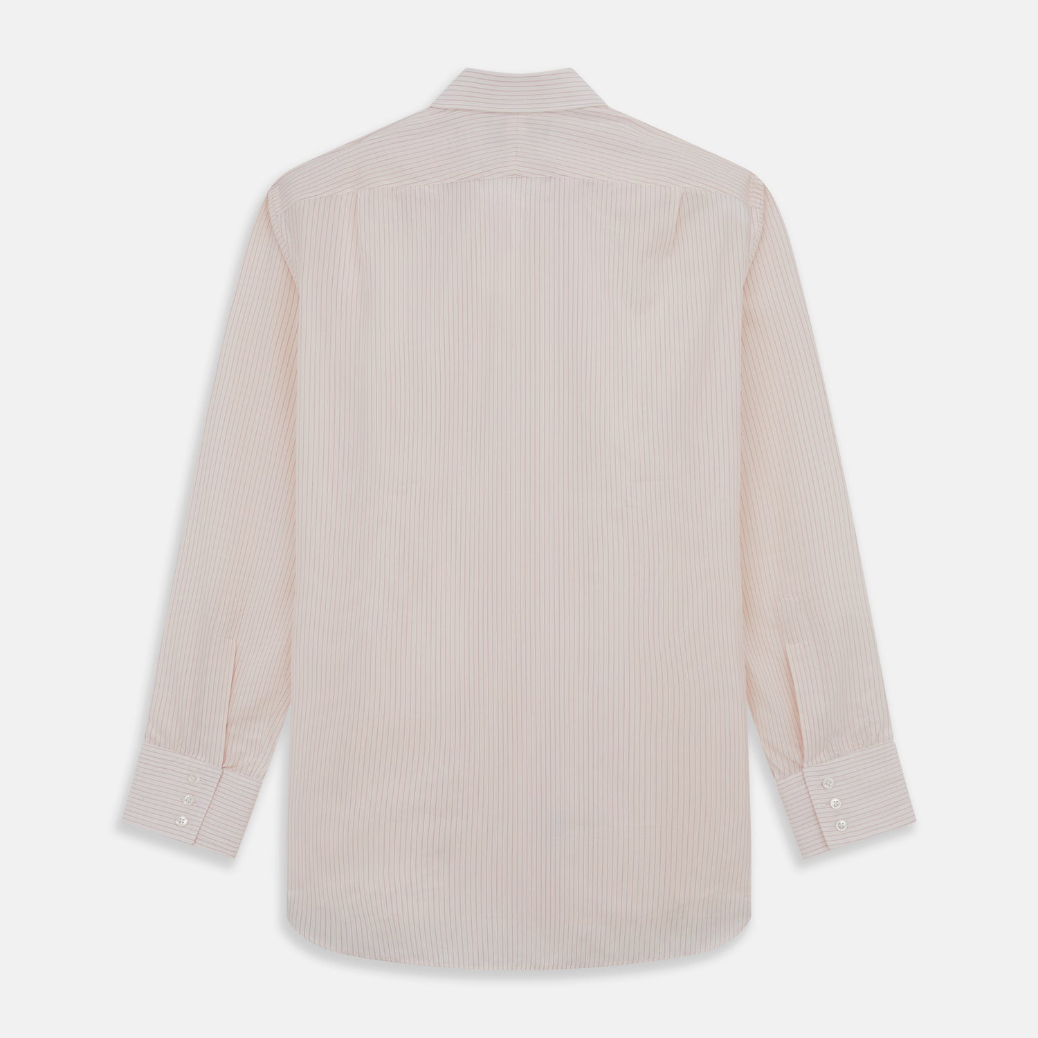 View 5 of product The Pink Pinstripe Mayfair Shirt by Turnbull & Asser is a long-sleeved, light pink organic cotton shirt with subtle pink pinstripes, classic collar, and buttoned cuffs, shown flat on a white background.