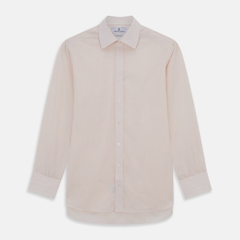The Pink Pinstripe Mayfair Shirt by Turnbull & Asser is a long-sleeved, light pink organic cotton shirt with subtle pink pinstripes, classic collar, and buttoned cuffs, shown flat on a white background.