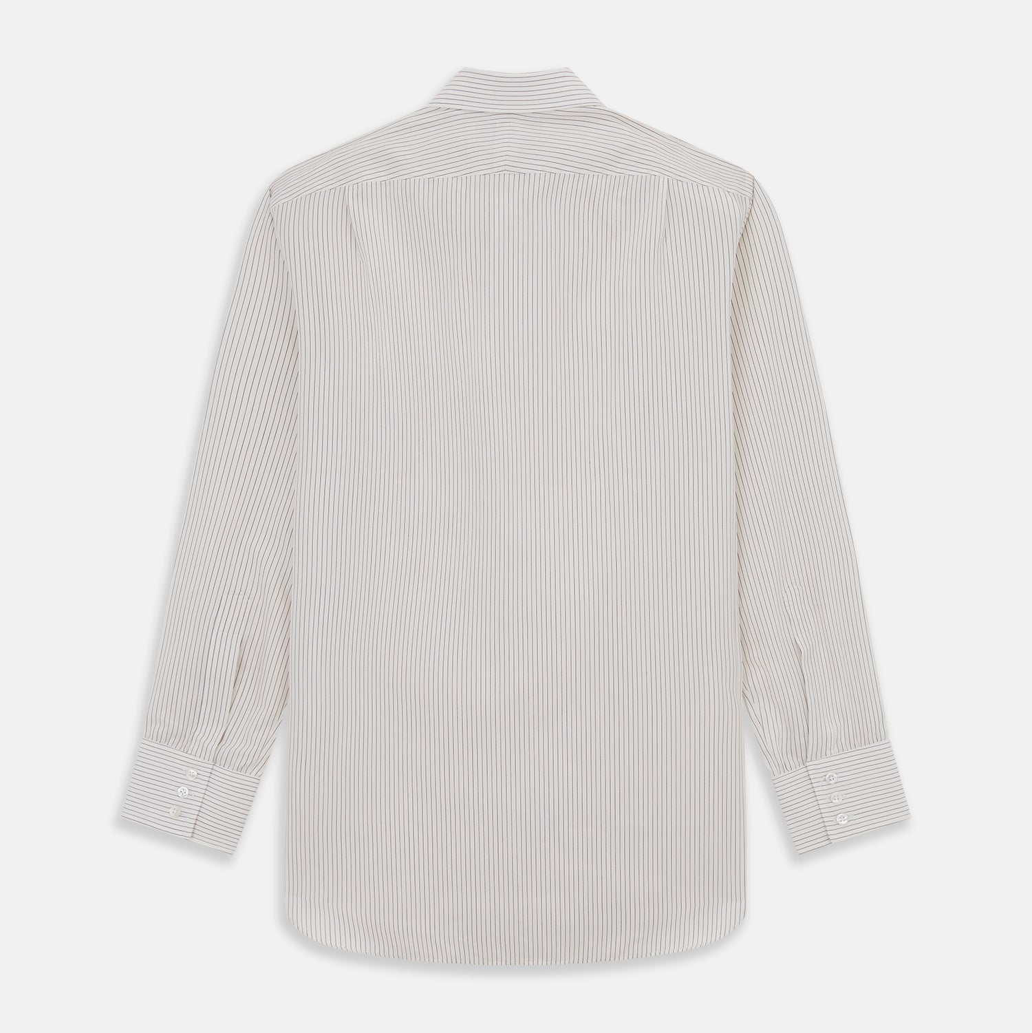 View 5 of product The Turnbull & Asser Purple Pinstripe Mayfair Stripe Shirt is a long-sleeve button-up with a collar, shown laid flat on a white background.