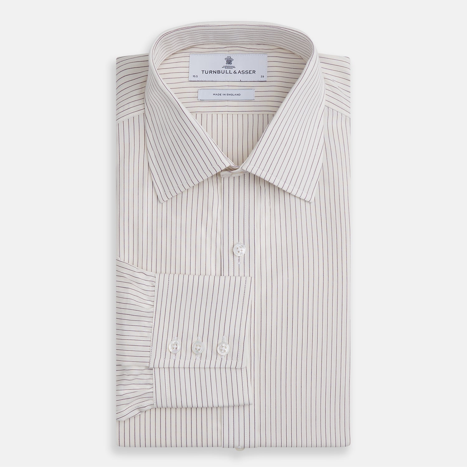 View 4 of product The Turnbull & Asser Purple Pinstripe Mayfair Stripe Shirt is a long-sleeve button-up with a collar, shown laid flat on a white background.