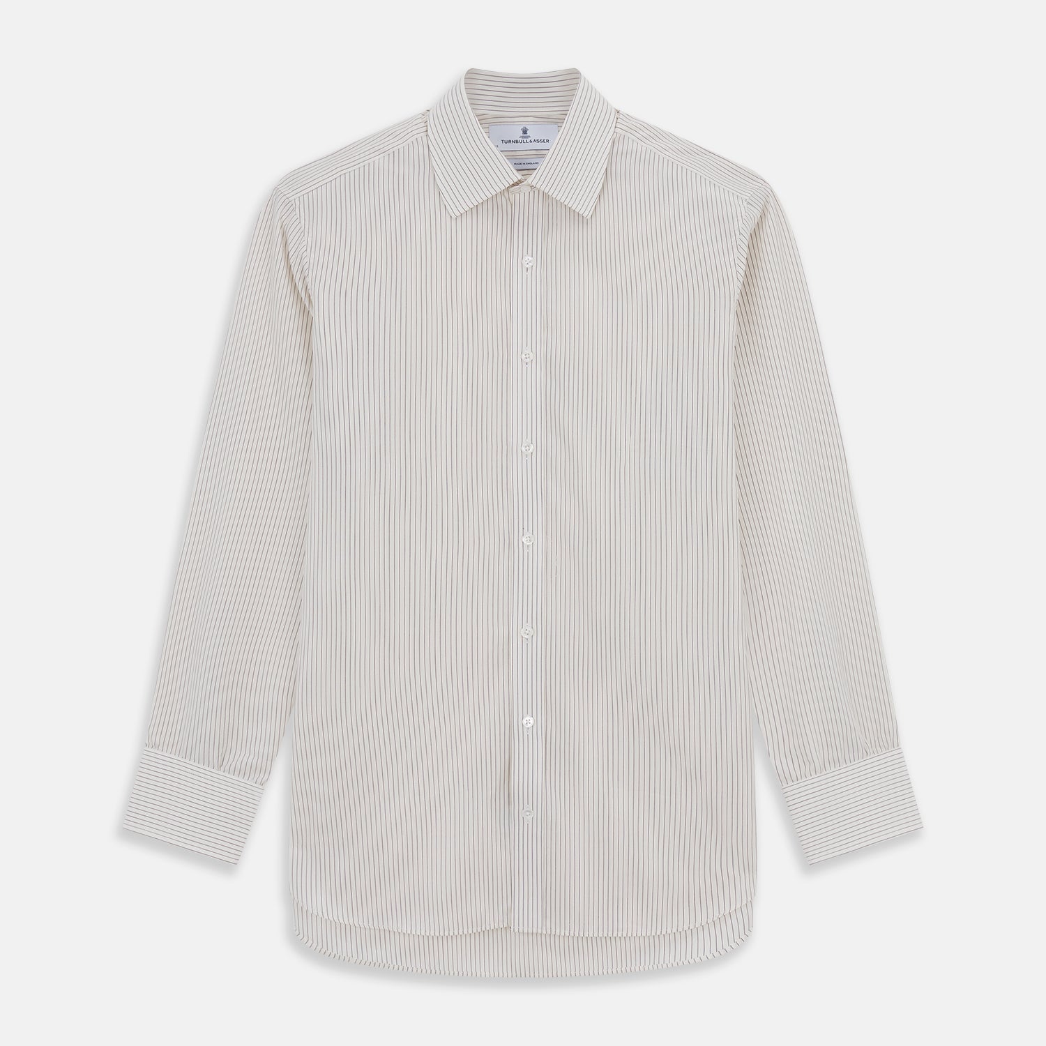 View 1 of product The Turnbull & Asser Purple Pinstripe Mayfair Stripe Shirt is a long-sleeve button-up with a collar, shown laid flat on a white background.