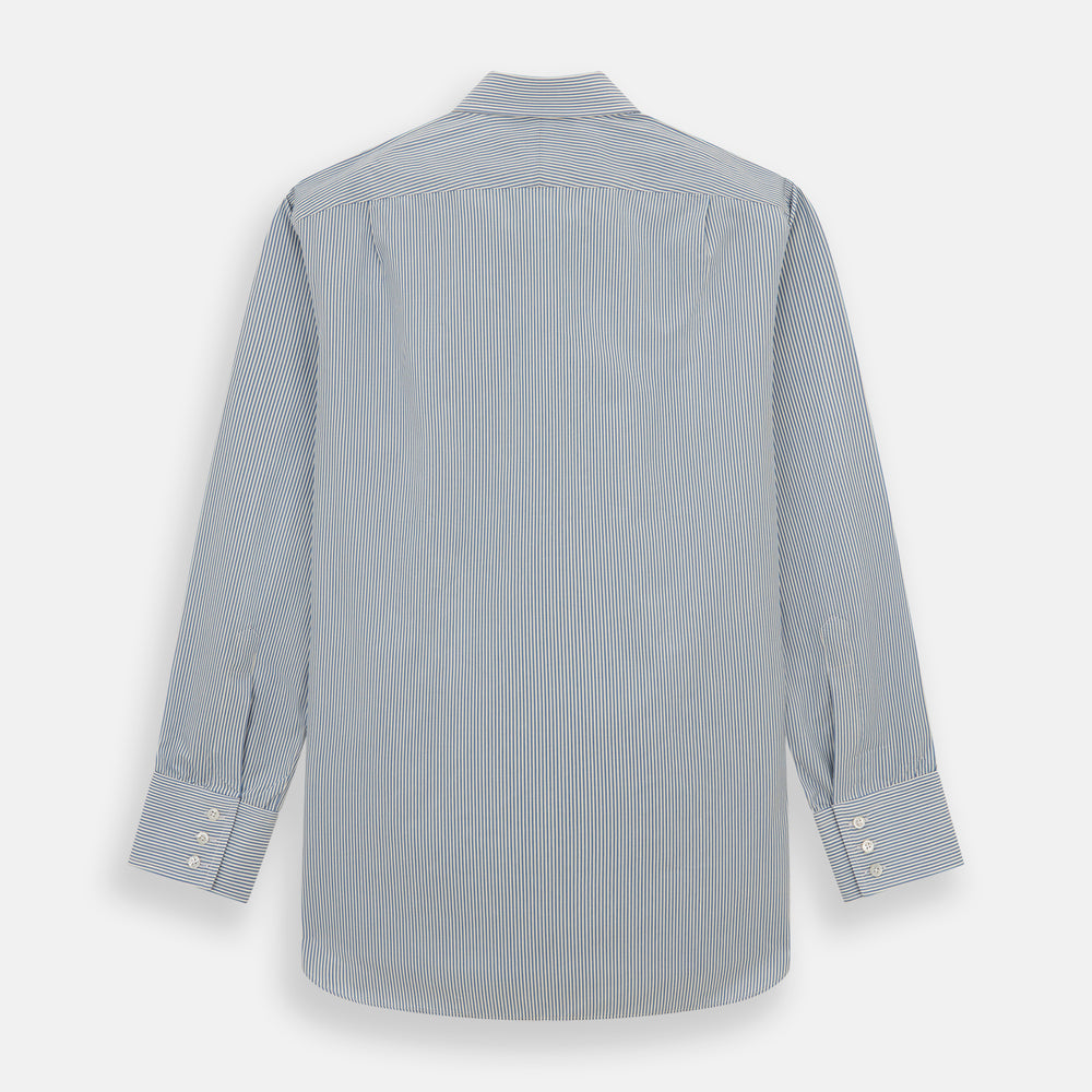 The Turnbull & Asser Blue and White Pencil Stripe Mayfair Shirt features breathable cotton, a standard collar, buttoned cuffs, and white buttons, shown laid flat on a white background.