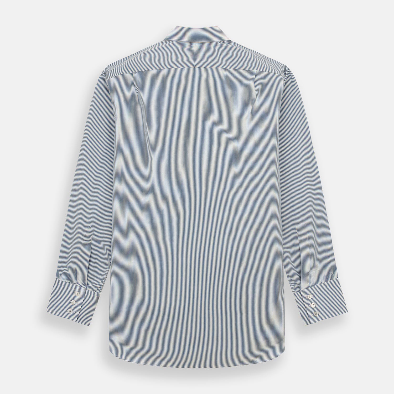 View 5 of product The Turnbull & Asser Blue and White Pencil Stripe Mayfair Shirt features breathable cotton, a standard collar, buttoned cuffs, and white buttons, shown laid flat on a white background.
