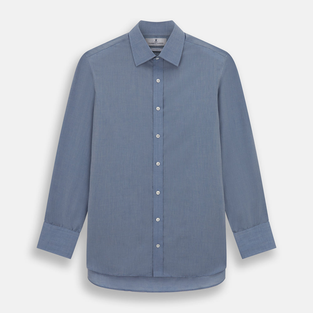The Blue Mayfair Shirt by Turnbull & Asser is a long-sleeve, textured blue shirt with a classic T&A collar and white buttons, crafted from organic cotton and shown against a plain white background.