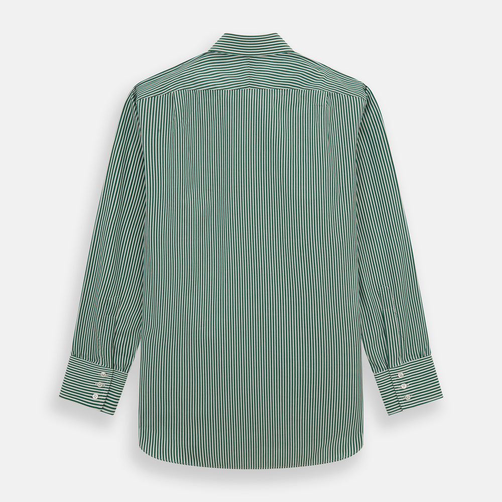The Dark Green Bengal Stripe Mayfair Shirt by Turnbull & Asser is a long-sleeve, breathable cotton button-up with a pointed collar and buttoned cuffs on a white background.