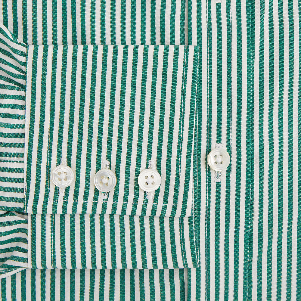 The Dark Green Bengal Stripe Mayfair Shirt by Turnbull & Asser is a long-sleeve, breathable cotton button-up with a pointed collar and buttoned cuffs on a white background.