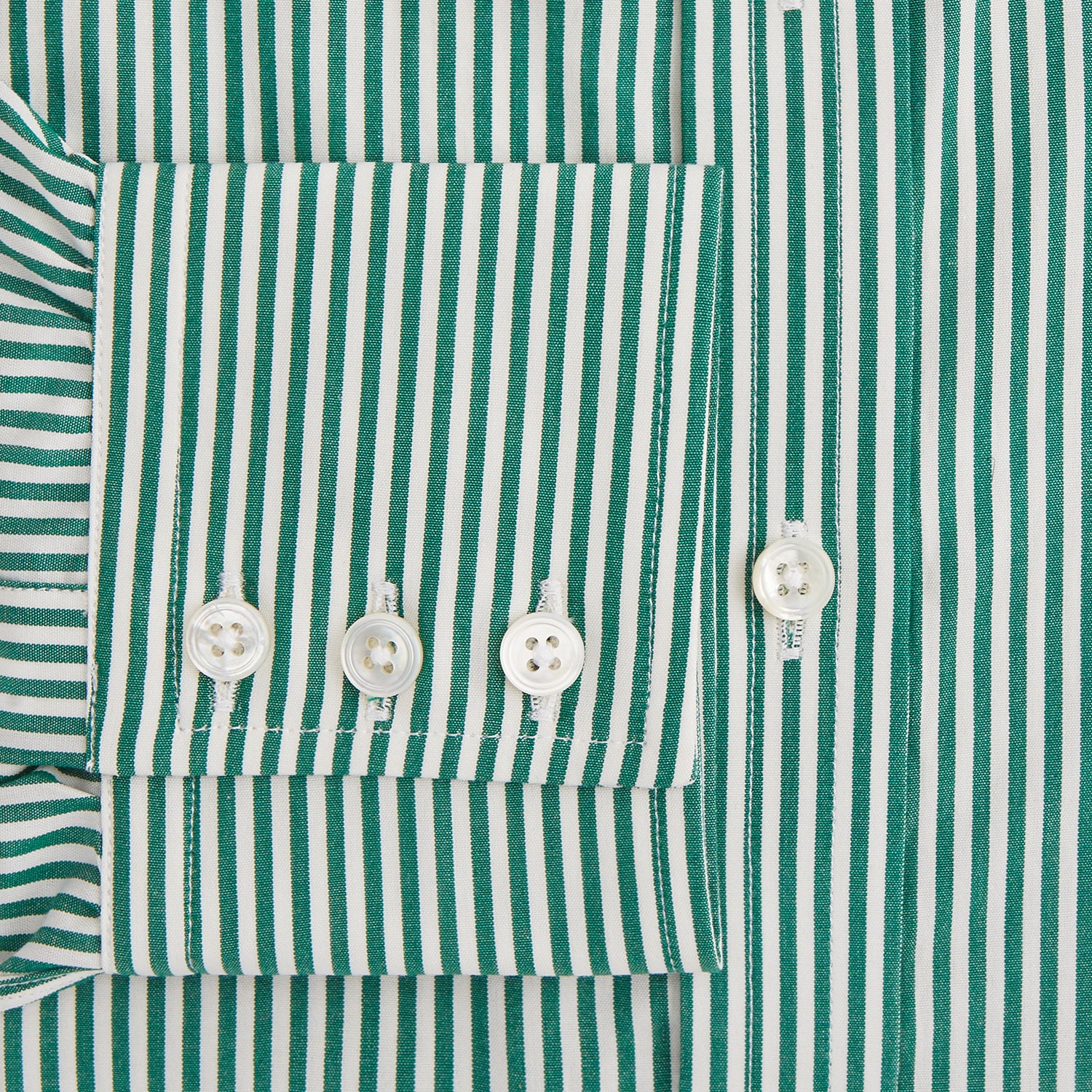 View 3 of product The Dark Green Bengal Stripe Mayfair Shirt by Turnbull & Asser is a long-sleeve, breathable cotton button-up with a pointed collar and buttoned cuffs on a white background.