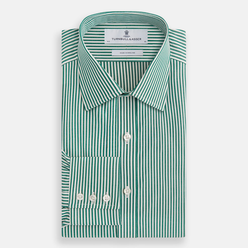 The Dark Green Bengal Stripe Mayfair Shirt by Turnbull & Asser is a long-sleeve, breathable cotton button-up with a pointed collar and buttoned cuffs on a white background.