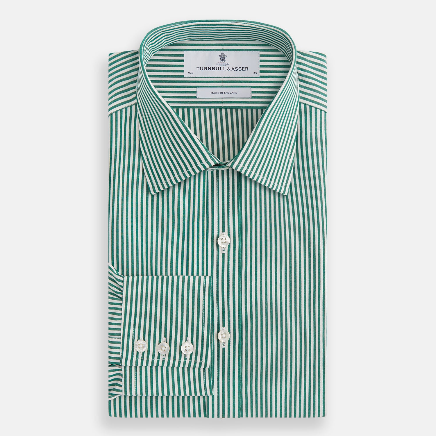 View 4 of product The Dark Green Bengal Stripe Mayfair Shirt by Turnbull & Asser is a long-sleeve, breathable cotton button-up with a pointed collar and buttoned cuffs on a white background.