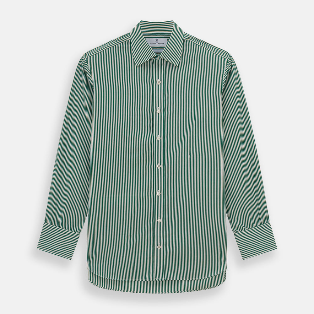The Dark Green Bengal Stripe Mayfair Shirt by Turnbull & Asser is a long-sleeve, breathable cotton button-up with a pointed collar and buttoned cuffs on a white background.