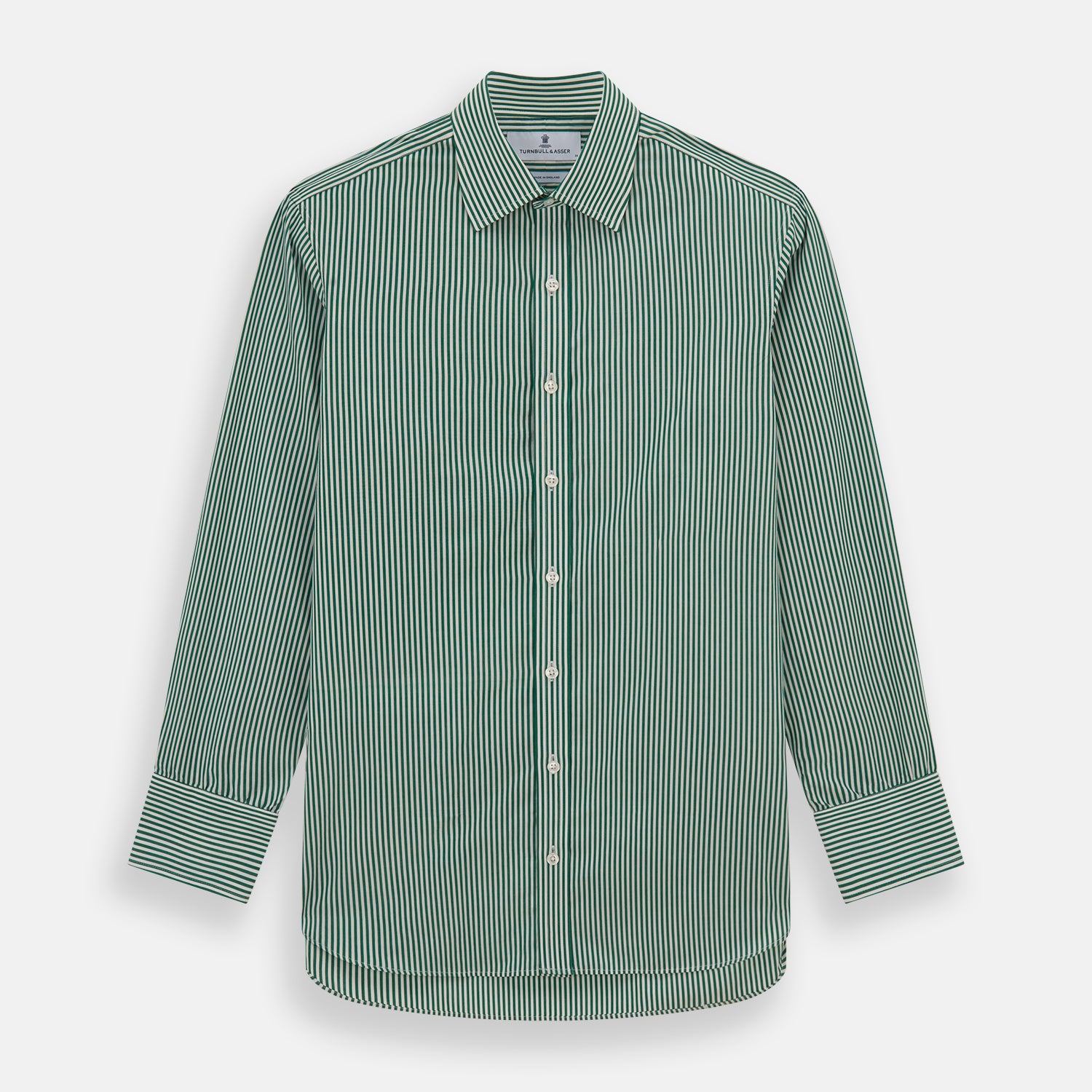 View 1 of product The Dark Green Bengal Stripe Mayfair Shirt by Turnbull & Asser is a long-sleeve, breathable cotton button-up with a pointed collar and buttoned cuffs on a white background.