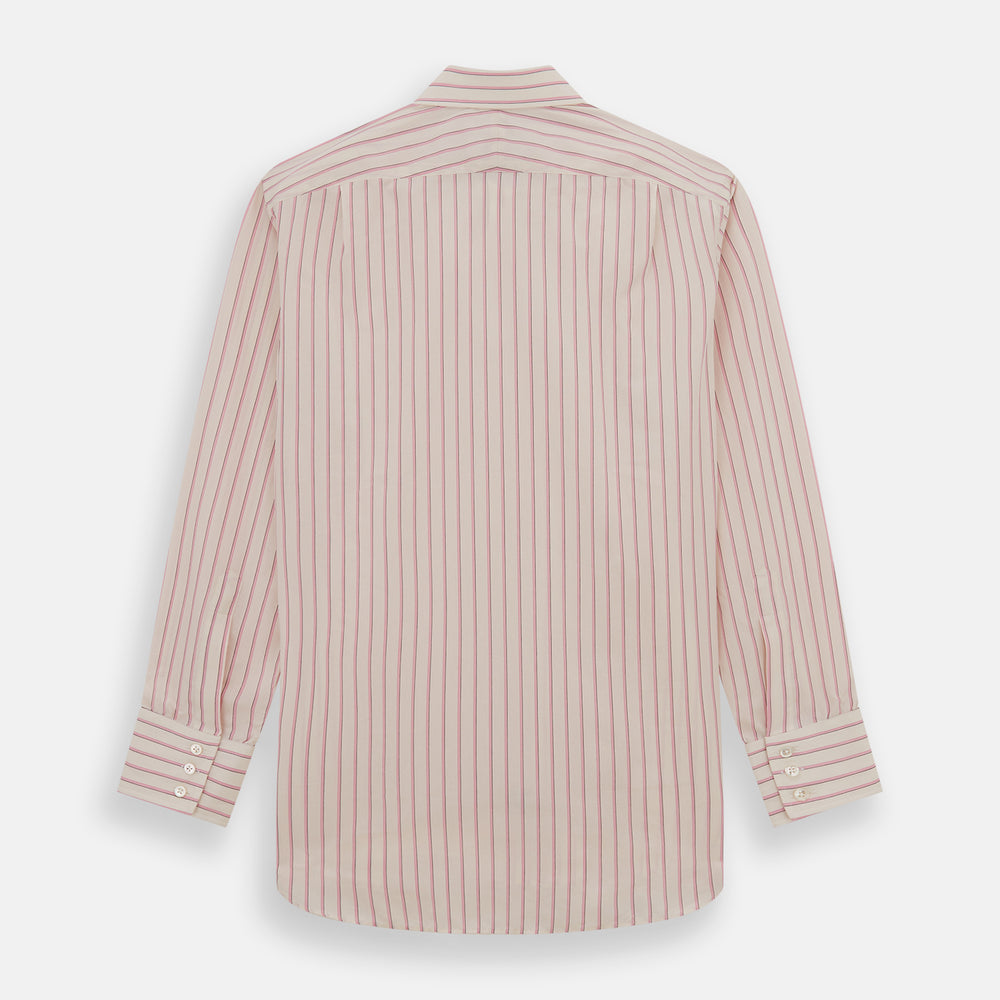 The Pink Fine Track Stripe Mayfair Shirt by Turnbull & Asser features a T&A collar, long sleeves, button cuffs, thin red stripes on breathable cotton, and a slightly curved hem.