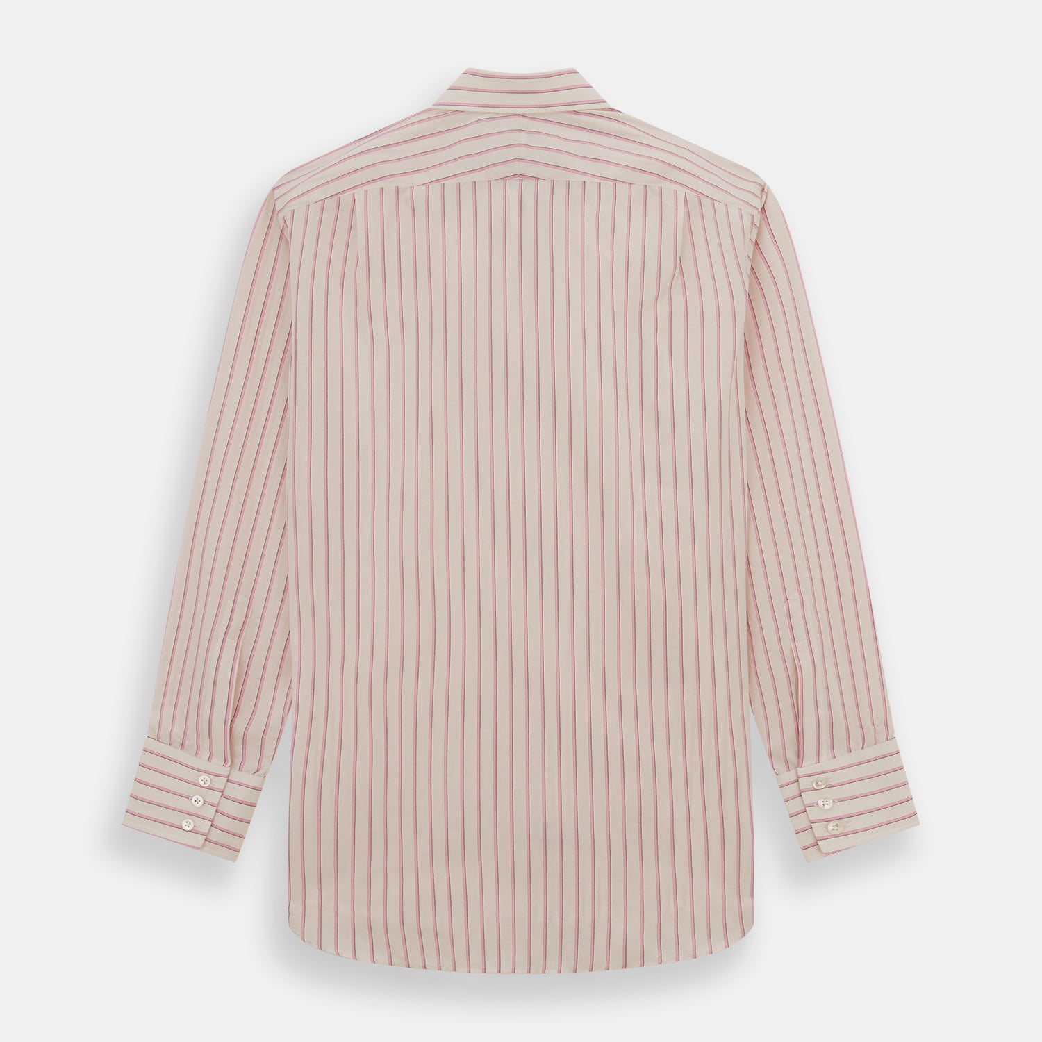 View 5 of product The Pink Fine Track Stripe Mayfair Shirt by Turnbull & Asser features a T&A collar, long sleeves, button cuffs, thin red stripes on breathable cotton, and a slightly curved hem.