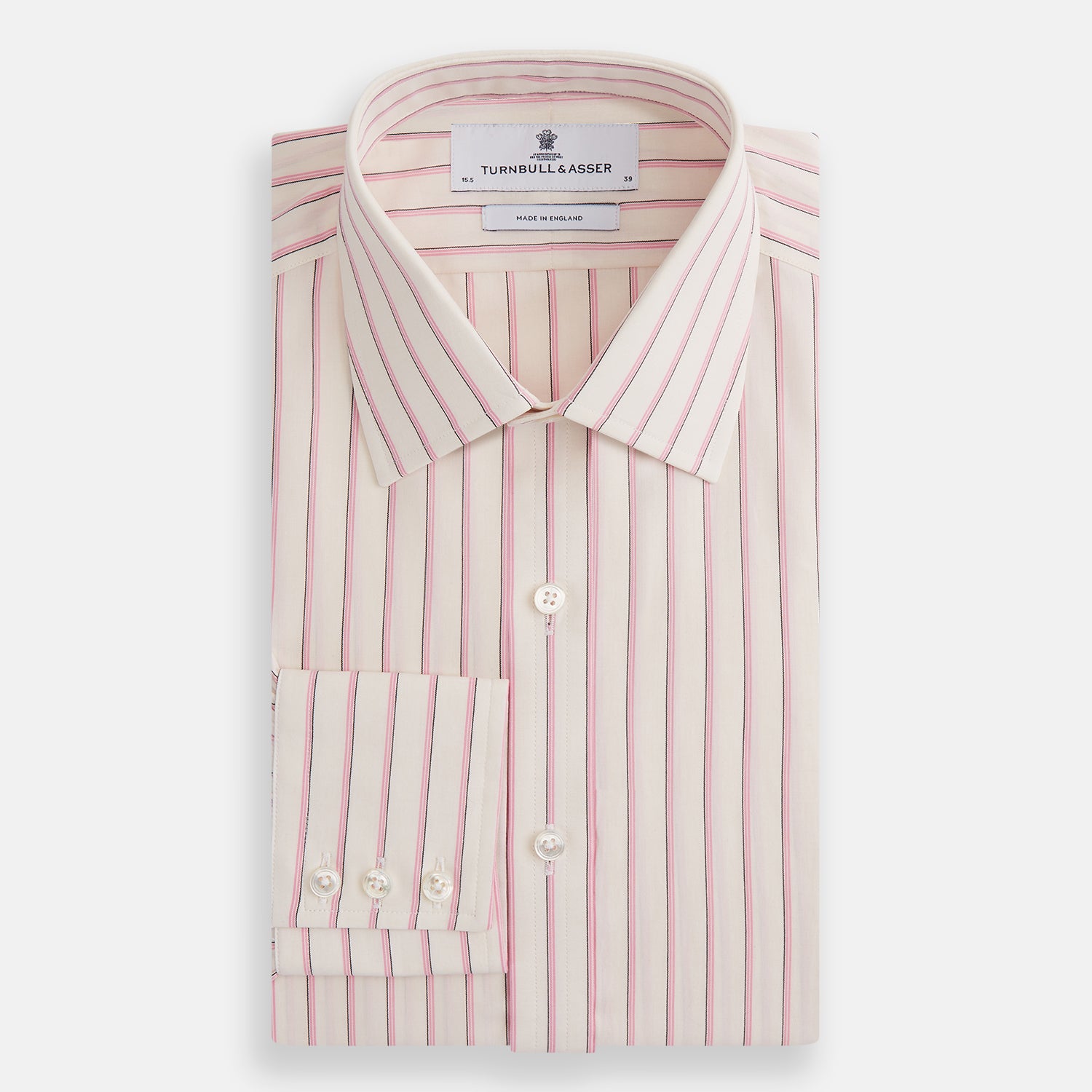 View 4 of product The Pink Fine Track Stripe Mayfair Shirt by Turnbull & Asser features a T&A collar, long sleeves, button cuffs, thin red stripes on breathable cotton, and a slightly curved hem.