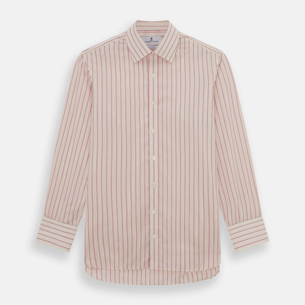 The Pink Fine Track Stripe Mayfair Shirt by Turnbull & Asser features a T&A collar, long sleeves, button cuffs, thin red stripes on breathable cotton, and a slightly curved hem.