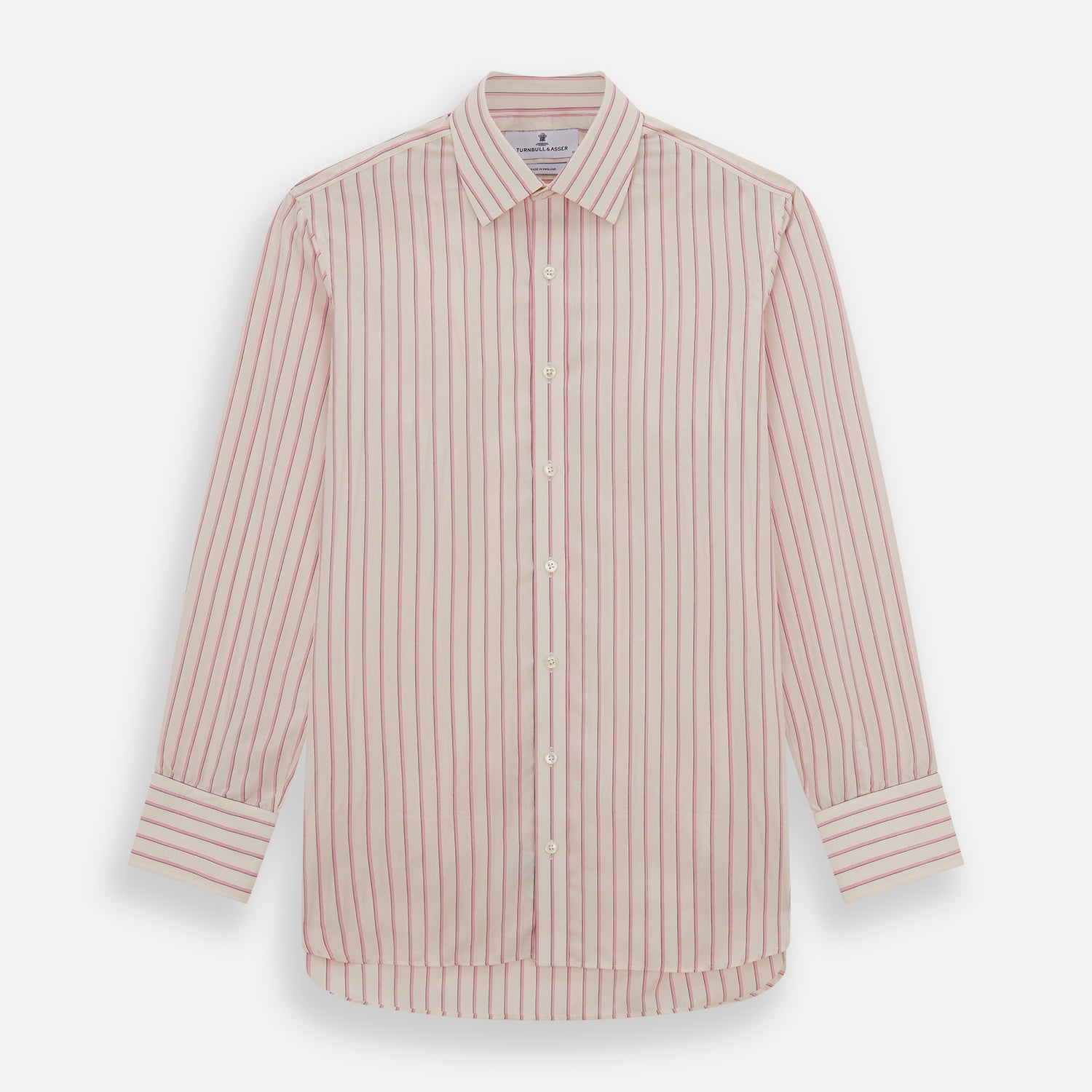 View 1 of product The Pink Fine Track Stripe Mayfair Shirt by Turnbull & Asser features a T&A collar, long sleeves, button cuffs, thin red stripes on breathable cotton, and a slightly curved hem.