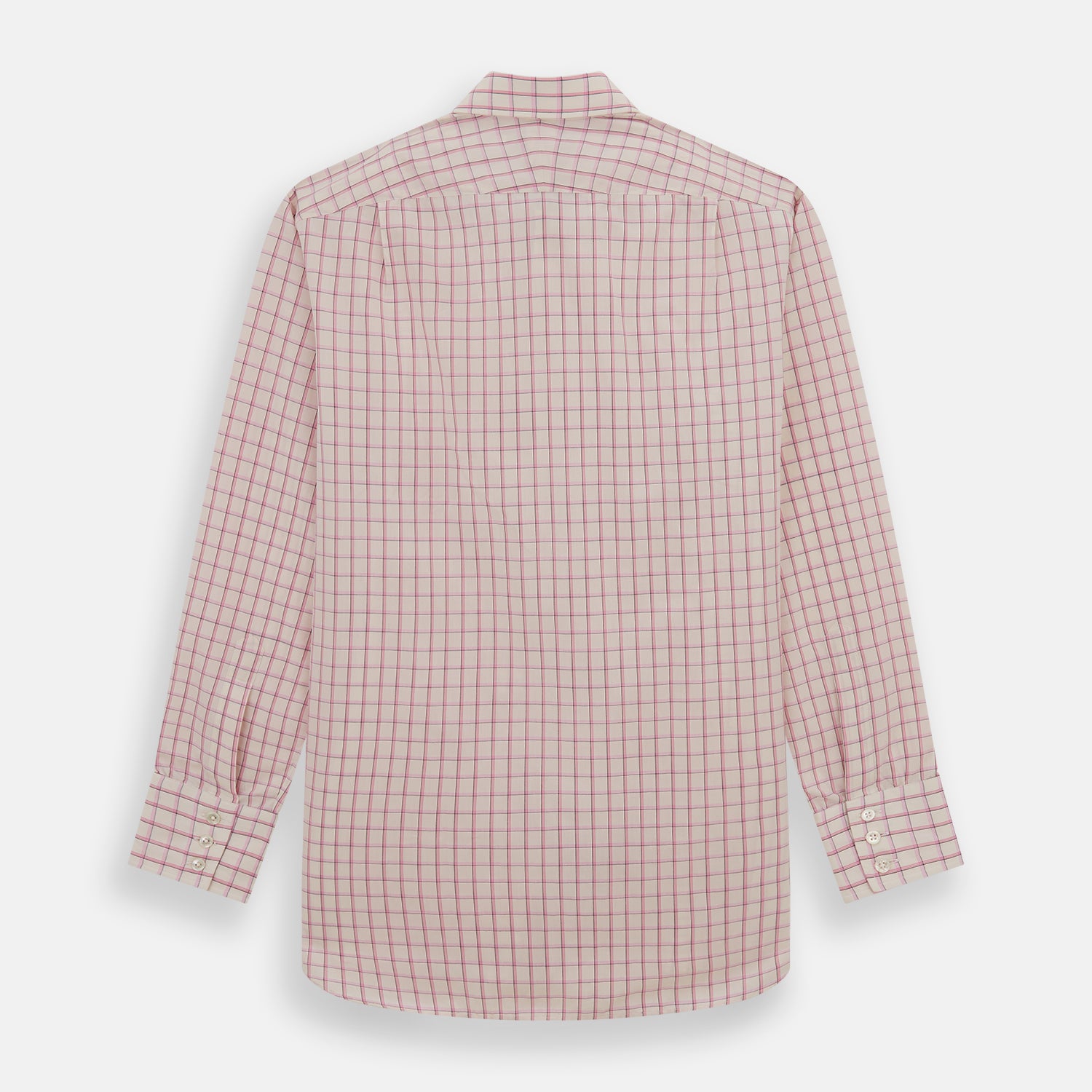 View 5 of product The Pink Shadow Check Mayfair Shirt by Turnbull & Asser is a long-sleeve, button-up cotton shirt with a collar, white base, and pink/red checks. It features buttoned cuffs and is shown neatly laid flat on a white background.