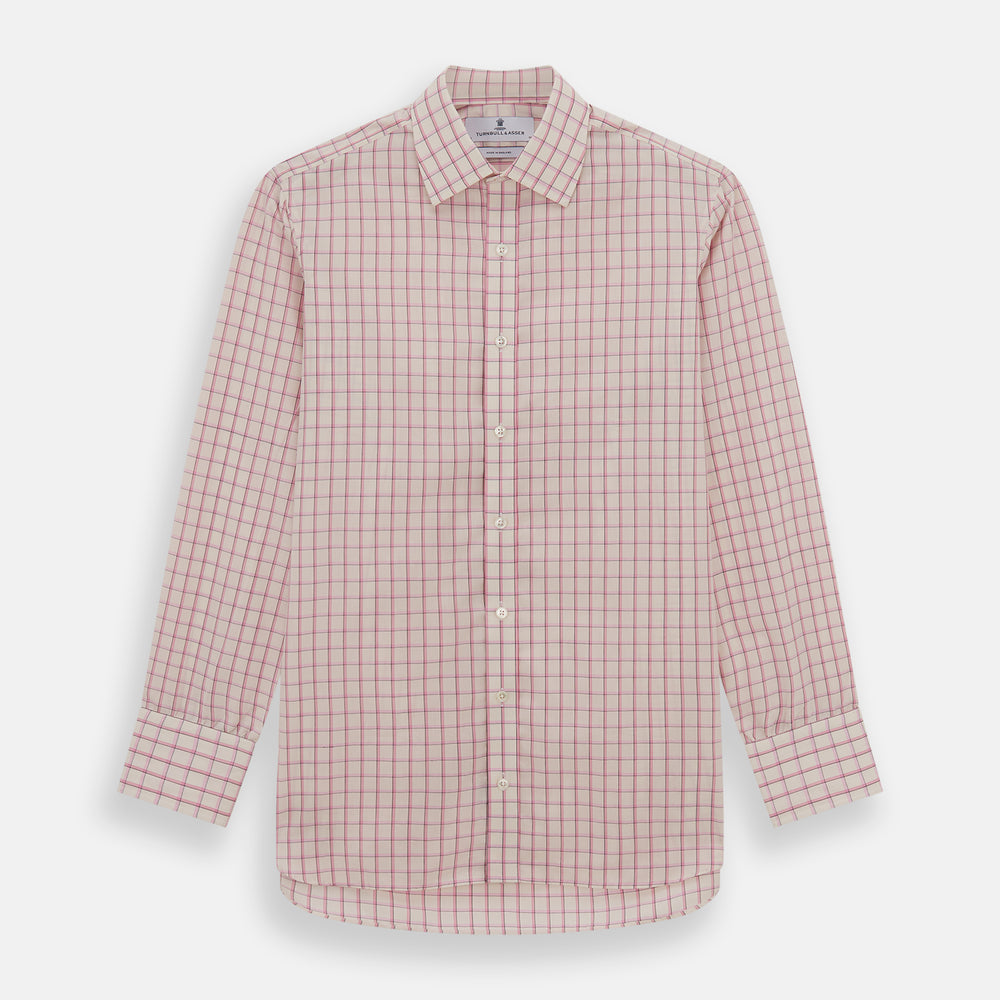 The Pink Shadow Check Mayfair Shirt by Turnbull & Asser is a long-sleeve, button-up cotton shirt with a collar, white base, and pink/red checks. It features buttoned cuffs and is shown neatly laid flat on a white background.