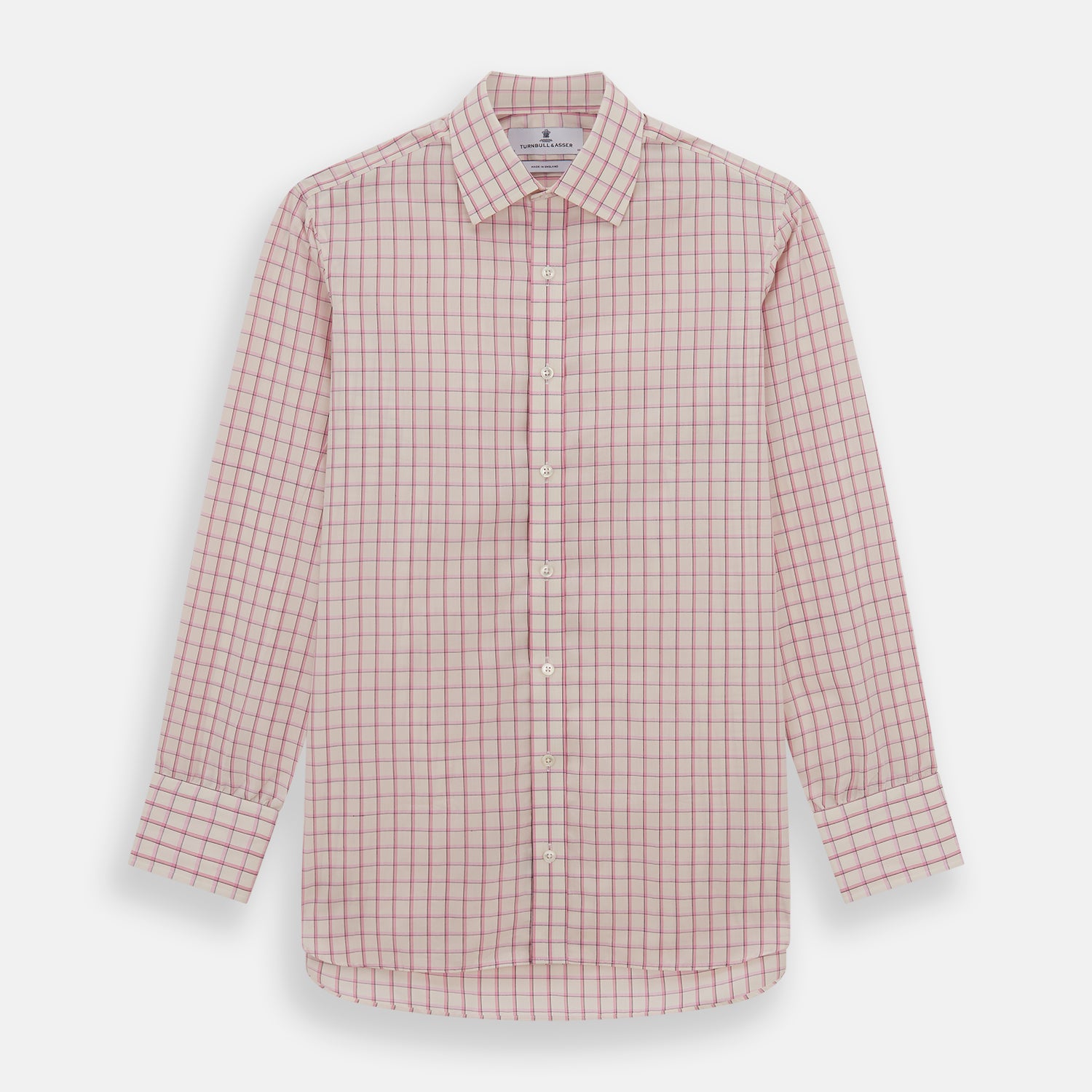 View 1 of product The Pink Shadow Check Mayfair Shirt by Turnbull & Asser is a long-sleeve, button-up cotton shirt with a collar, white base, and pink/red checks. It features buttoned cuffs and is shown neatly laid flat on a white background.