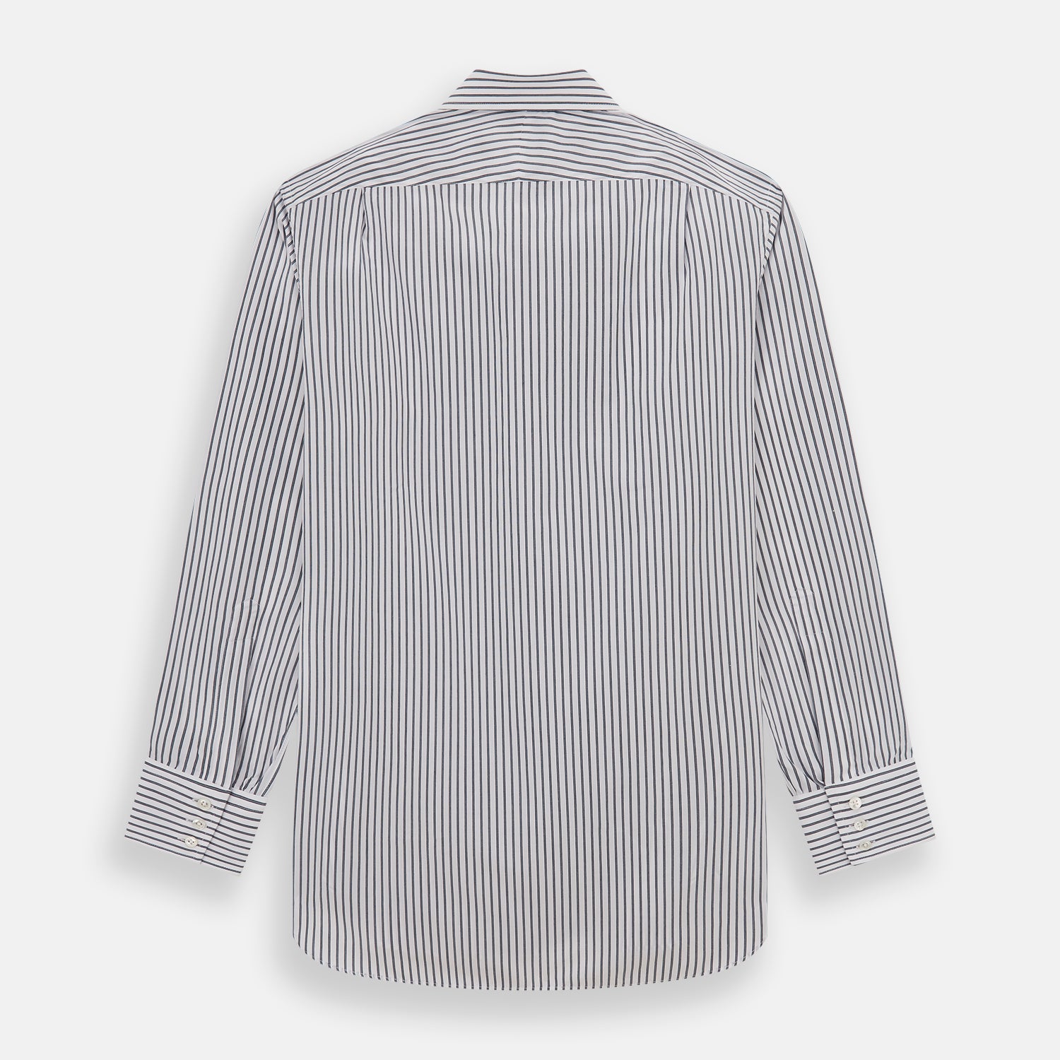 View 5 of product The Turnbull & Asser Midnight Blue Halo Stripe Mayfair Shirt features breathable cotton with black and white vertical stripes, a pointed T&A collar, and buttoned cuffs, displayed flat on a white background.