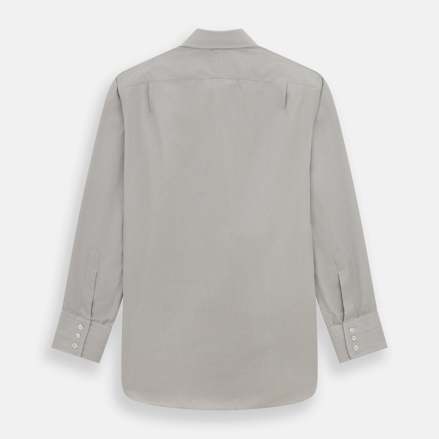 View 5 of product The Turnbull & Asser Pale Blue Fine Stripe Mayfair Shirt features a classic collar, white buttons, cuffs, a slightly curved hem, and subtle pale blue stripes for a formal tailored look. Displayed on a plain white background.