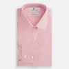View 5 of product The Pink Fine Stripe Mayfair Shirt by Turnbull & Asser features fine white stripes, a classic T&A collar, visible white button, and is made from organic cotton in England.