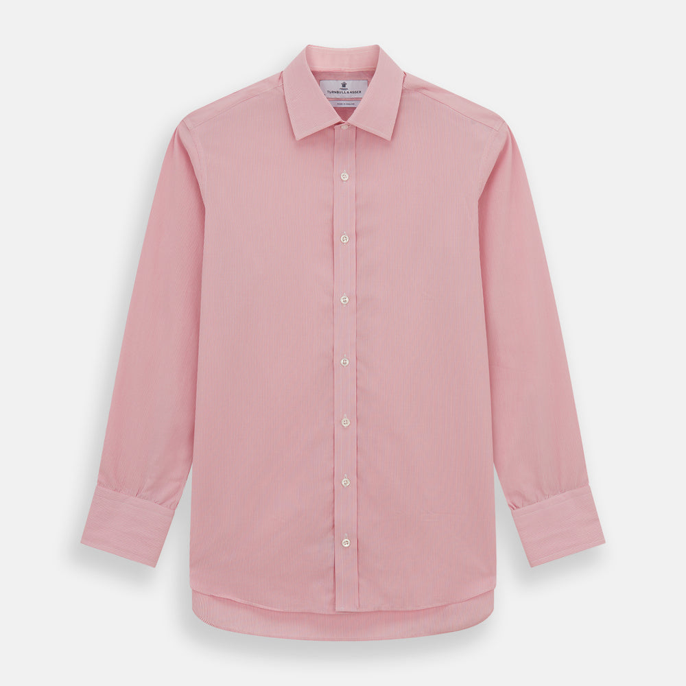 The Pink Fine Stripe Mayfair Shirt by Turnbull & Asser features fine white stripes, a classic T&A collar, visible white button, and is made from organic cotton in England.