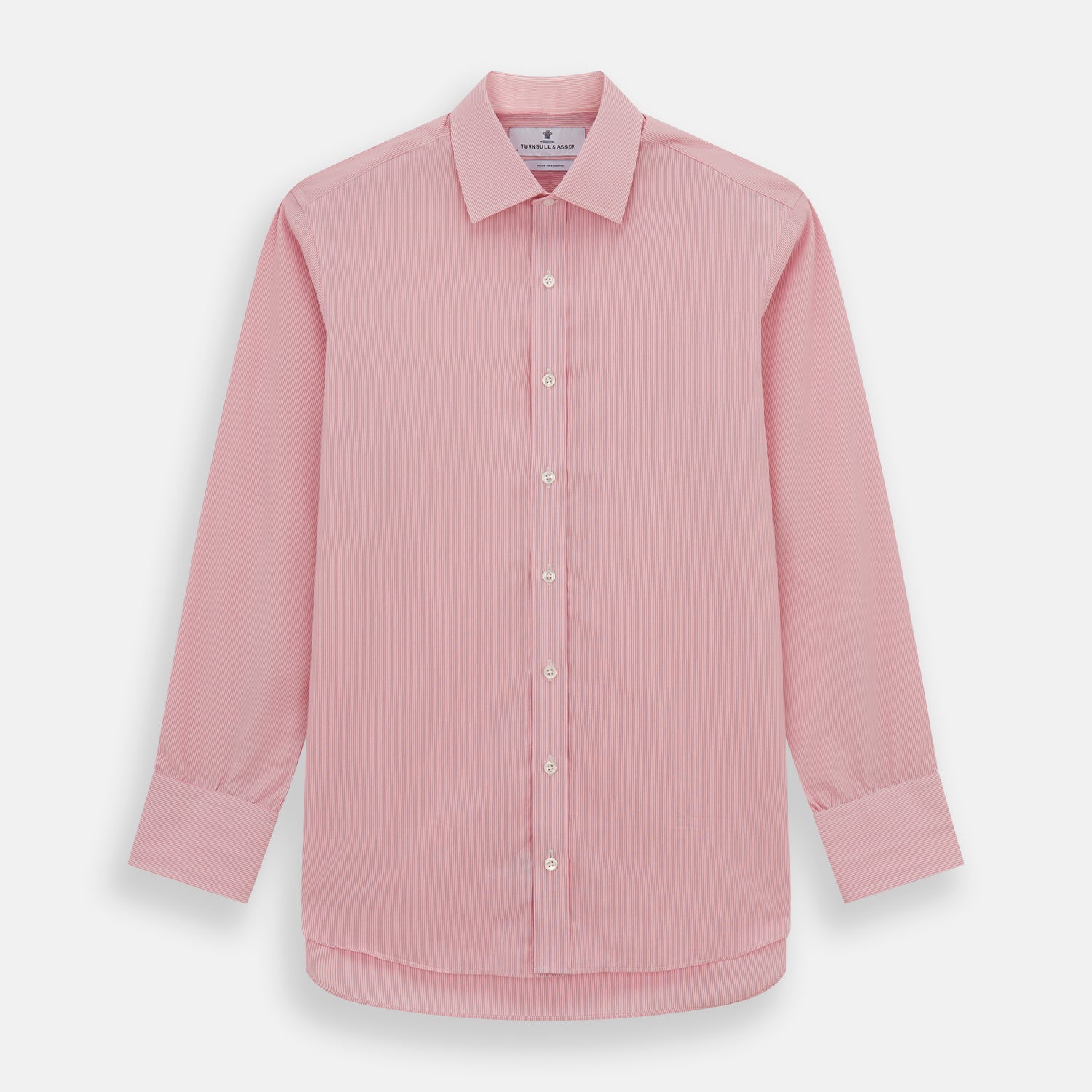 View 2 of product The Pink Fine Stripe Mayfair Shirt by Turnbull & Asser features fine white stripes, a classic T&A collar, visible white button, and is made from organic cotton in England.