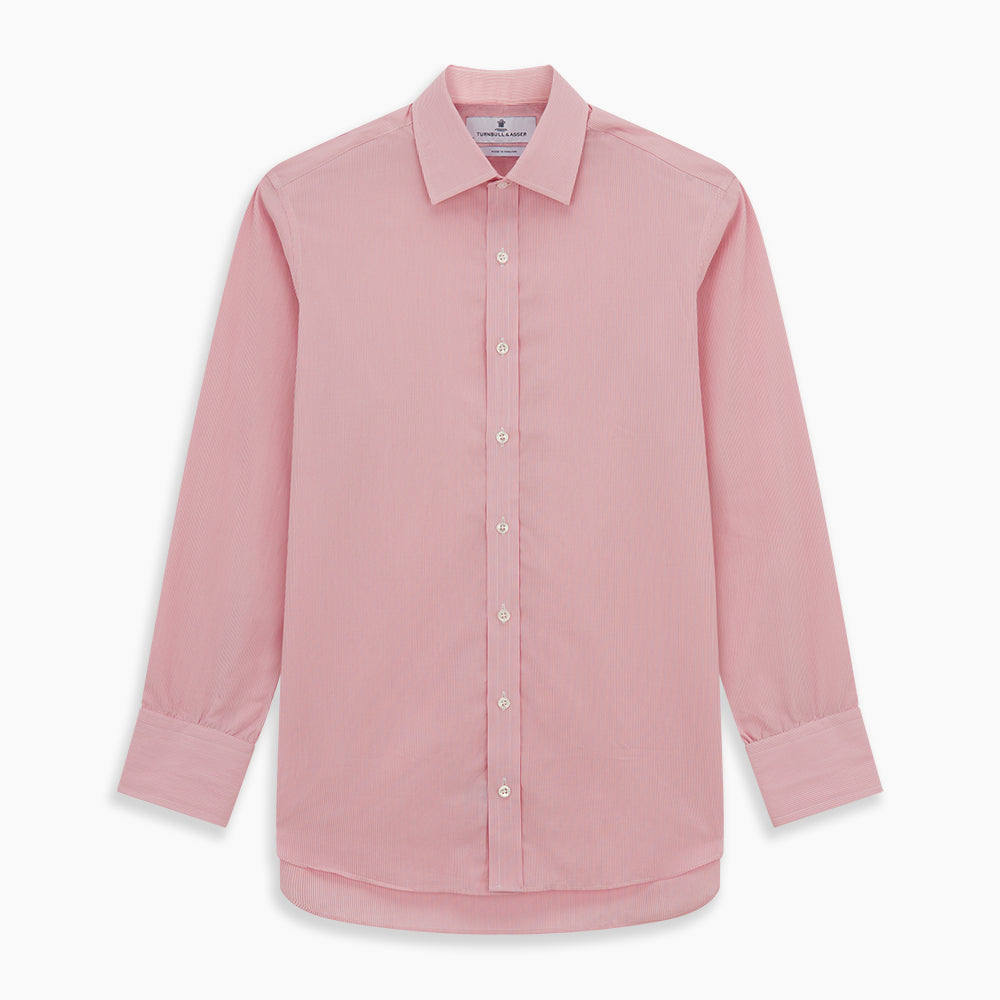 The Pink Fine Stripe Mayfair Shirt by Turnbull & Asser features fine white stripes, a classic T&A collar, visible white button, and is made from organic cotton in England.