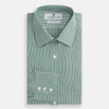View 4 of product The Turnbull & Asser Green Fine Stripe Mayfair Shirt features long sleeves, a classic T&A collar, white buttons, and is showcased against a plain white background.