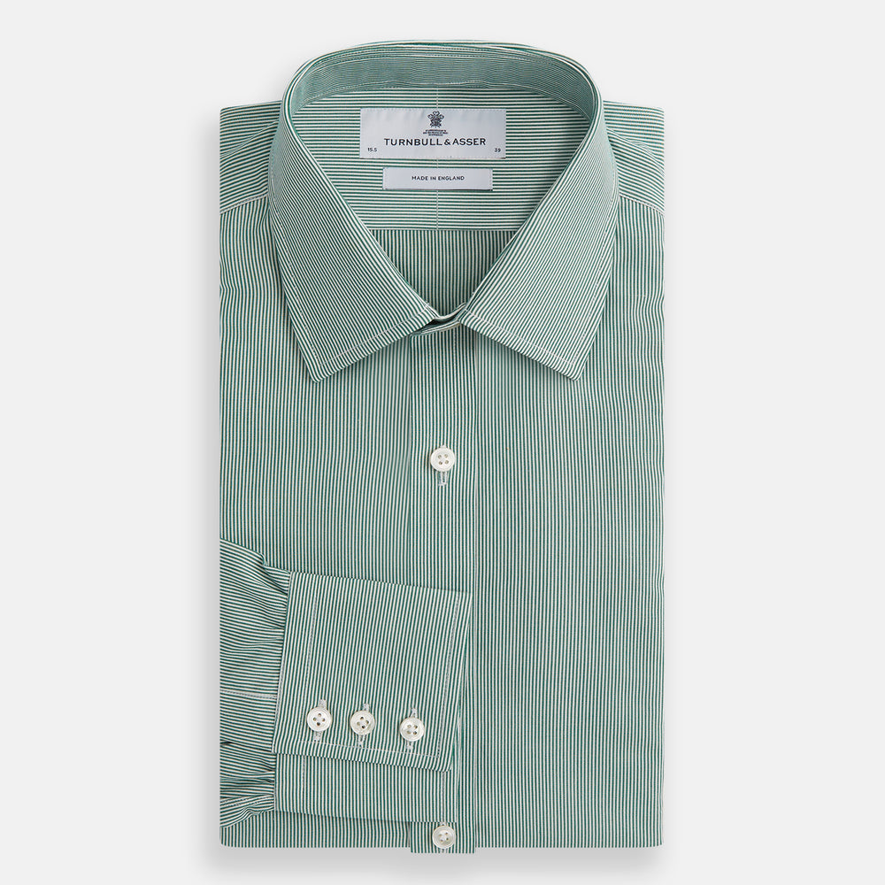 The Turnbull & Asser Green Fine Stripe Mayfair Shirt features long sleeves, a classic T&A collar, white buttons, and is showcased against a plain white background.