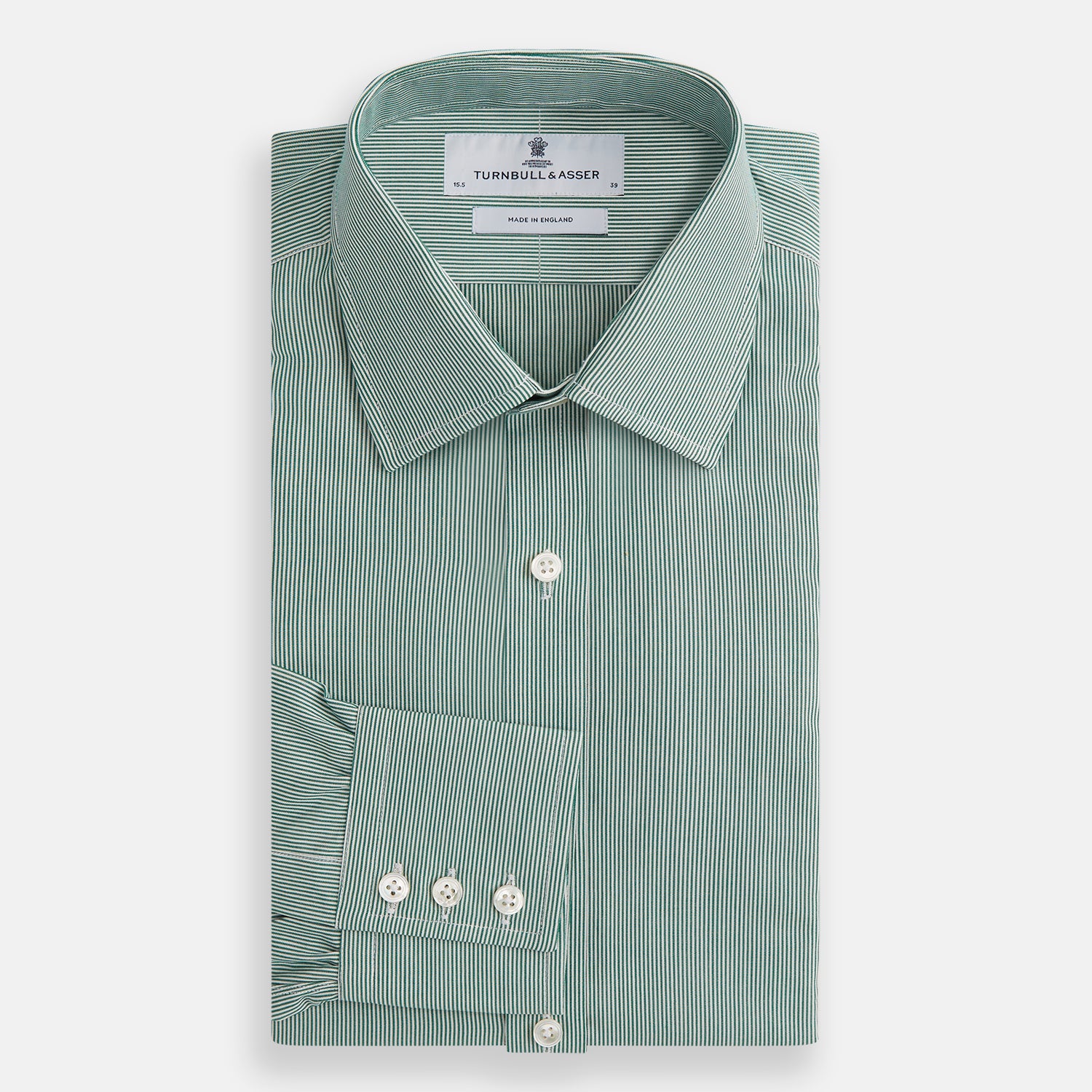 View 4 of product The Turnbull & Asser Green Fine Stripe Mayfair Shirt features long sleeves, a classic T&A collar, white buttons, and is showcased against a plain white background.
