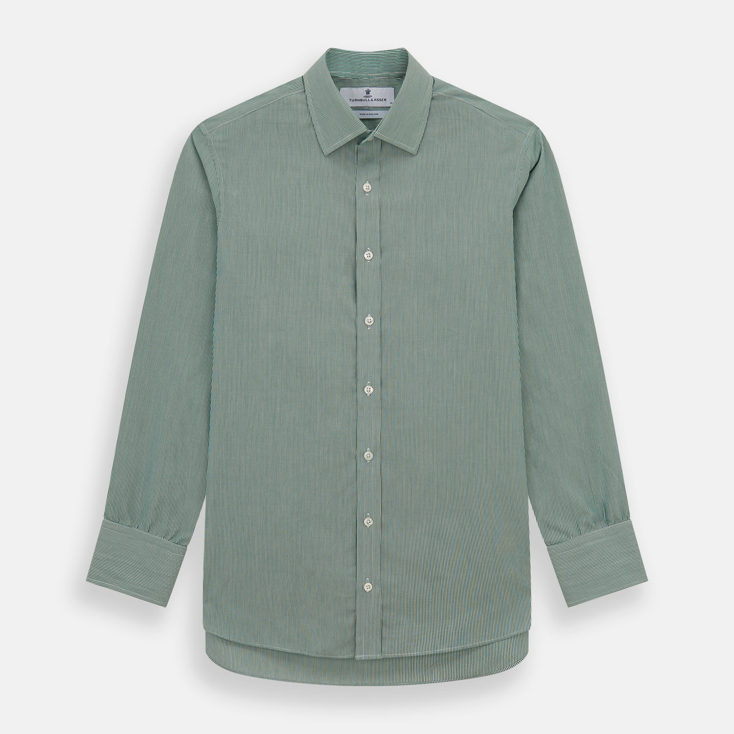 View 1 of product The Turnbull & Asser Green Fine Stripe Mayfair Shirt features long sleeves, a classic T&A collar, white buttons, and is showcased against a plain white background.
