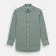 The Turnbull & Asser Green Fine Stripe Mayfair Shirt features long sleeves, a classic T&A collar, white buttons, and is showcased against a plain white background.