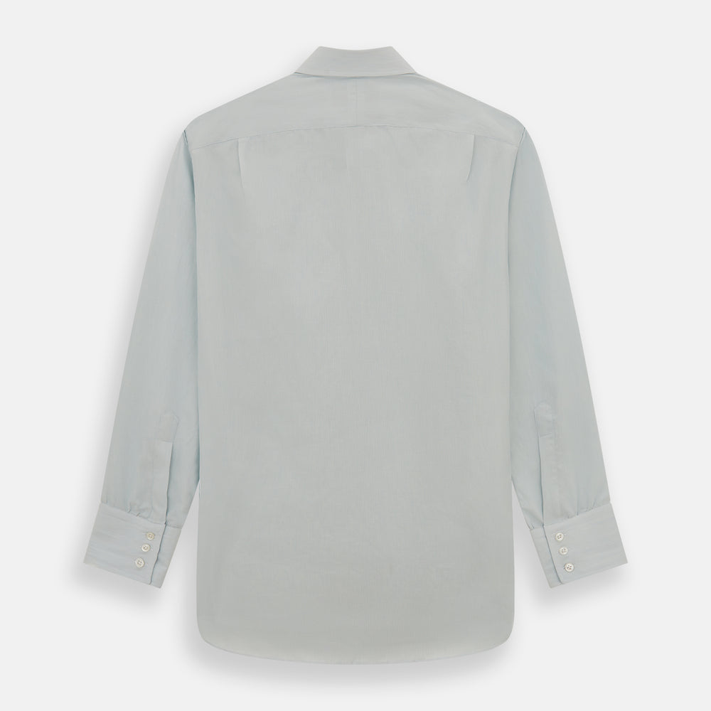 Pale Blue Pencil Stripe Mayfair Shirt by Turnbull & Asser featuring a classic collar, white buttons, and cuffed long sleeves, displayed flat on a white background.