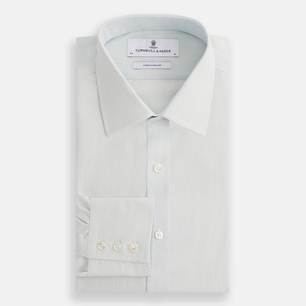 Pale Blue Pencil Stripe Mayfair Shirt by Turnbull & Asser featuring a classic collar, white buttons, and cuffed long sleeves, displayed flat on a white background.