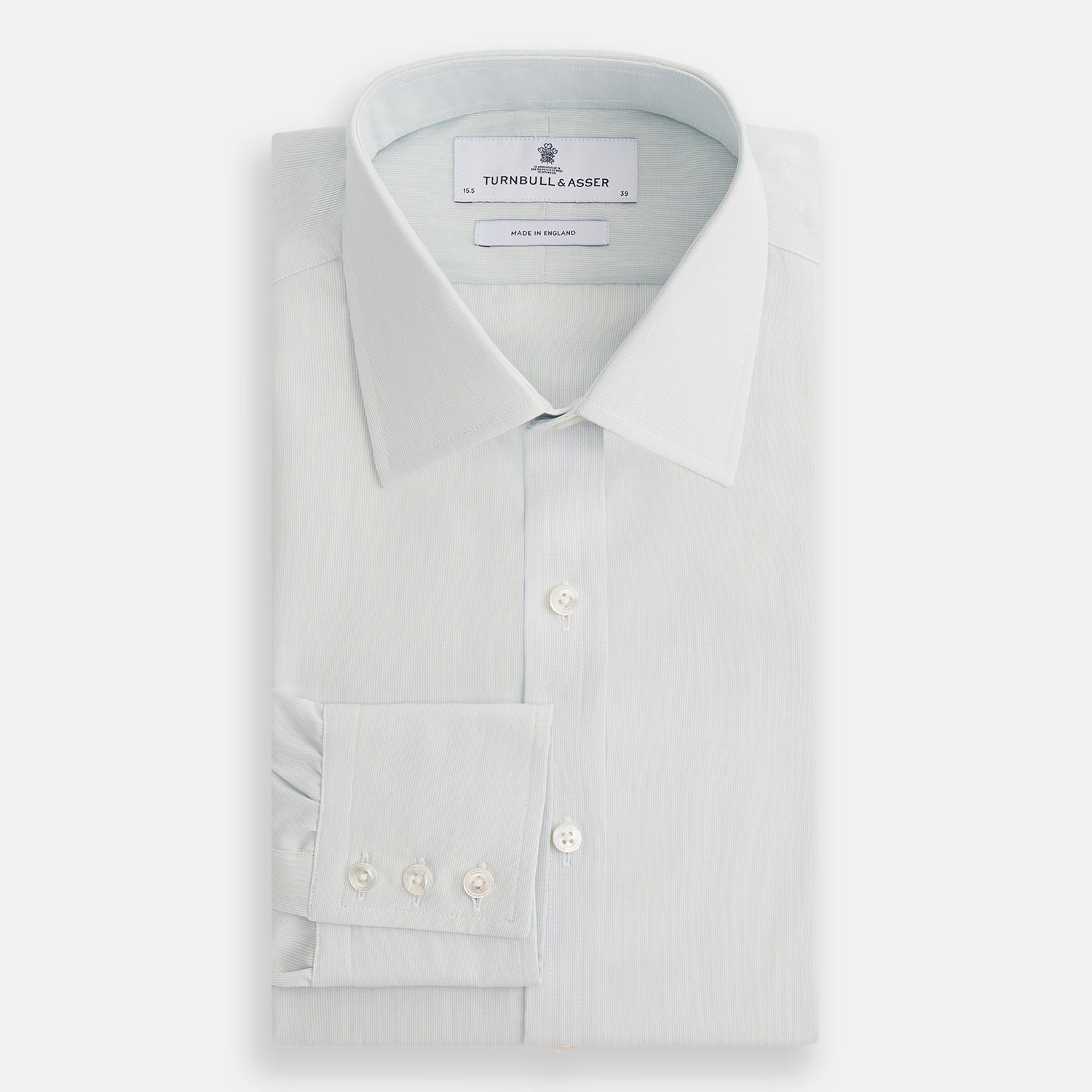 View 5 of product Pale Blue Pencil Stripe Mayfair Shirt by Turnbull & Asser featuring a classic collar, white buttons, and cuffed long sleeves, displayed flat on a white background.