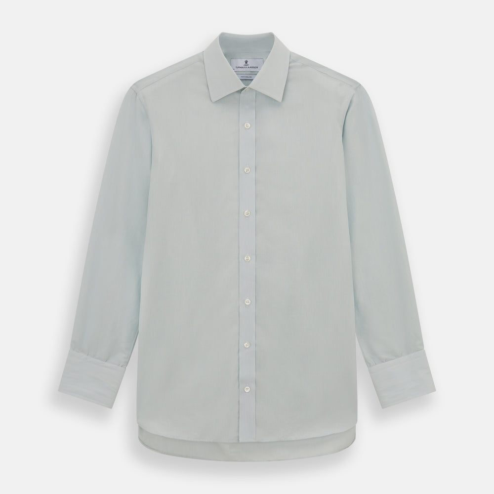 Pale Blue Pencil Stripe Mayfair Shirt by Turnbull & Asser featuring a classic collar, white buttons, and cuffed long sleeves, displayed flat on a white background.