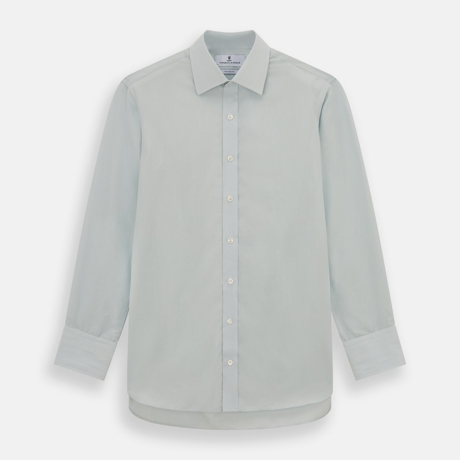 View 1 of product Pale Blue Pencil Stripe Mayfair Shirt by Turnbull & Asser featuring a classic collar, white buttons, and cuffed long sleeves, displayed flat on a white background.