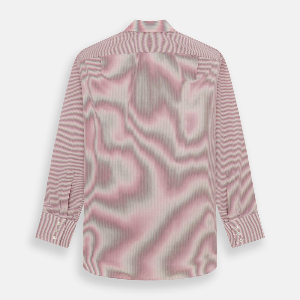 The Turnbull & Asser Pink Fine Shadow Stripe Mayfair Shirt is a long-sleeved button-up with a classic T&A collar, crafted from pure cotton and featuring thin pink and white vertical stripes, shown on a plain white background.
