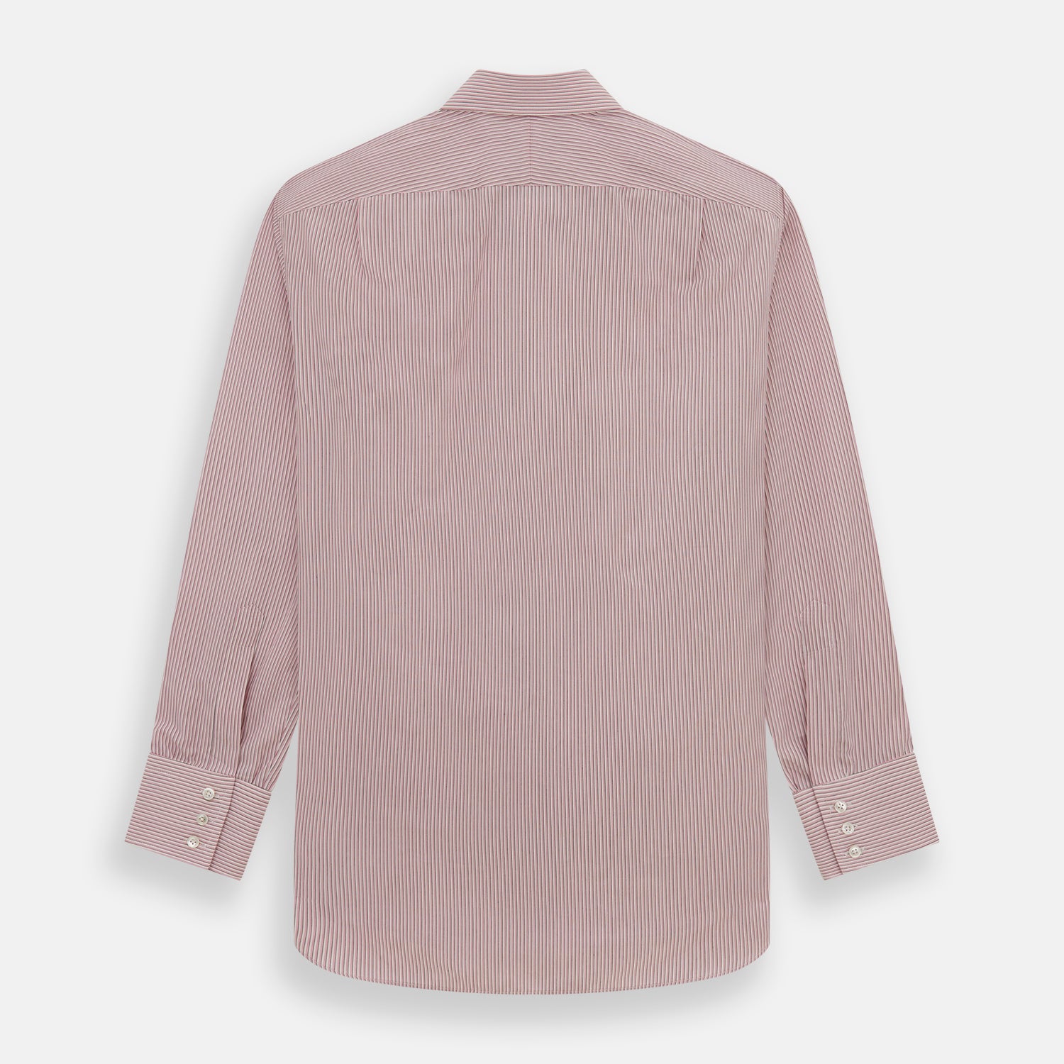View 5 of product The Turnbull & Asser Pink Fine Shadow Stripe Mayfair Shirt is a long-sleeved button-up with a classic T&A collar, crafted from pure cotton and featuring thin pink and white vertical stripes, shown on a plain white background.