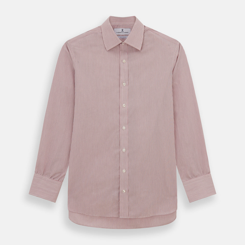 The Turnbull & Asser Pink Fine Shadow Stripe Mayfair Shirt is a long-sleeved button-up with a classic T&A collar, crafted from pure cotton and featuring thin pink and white vertical stripes, shown on a plain white background.