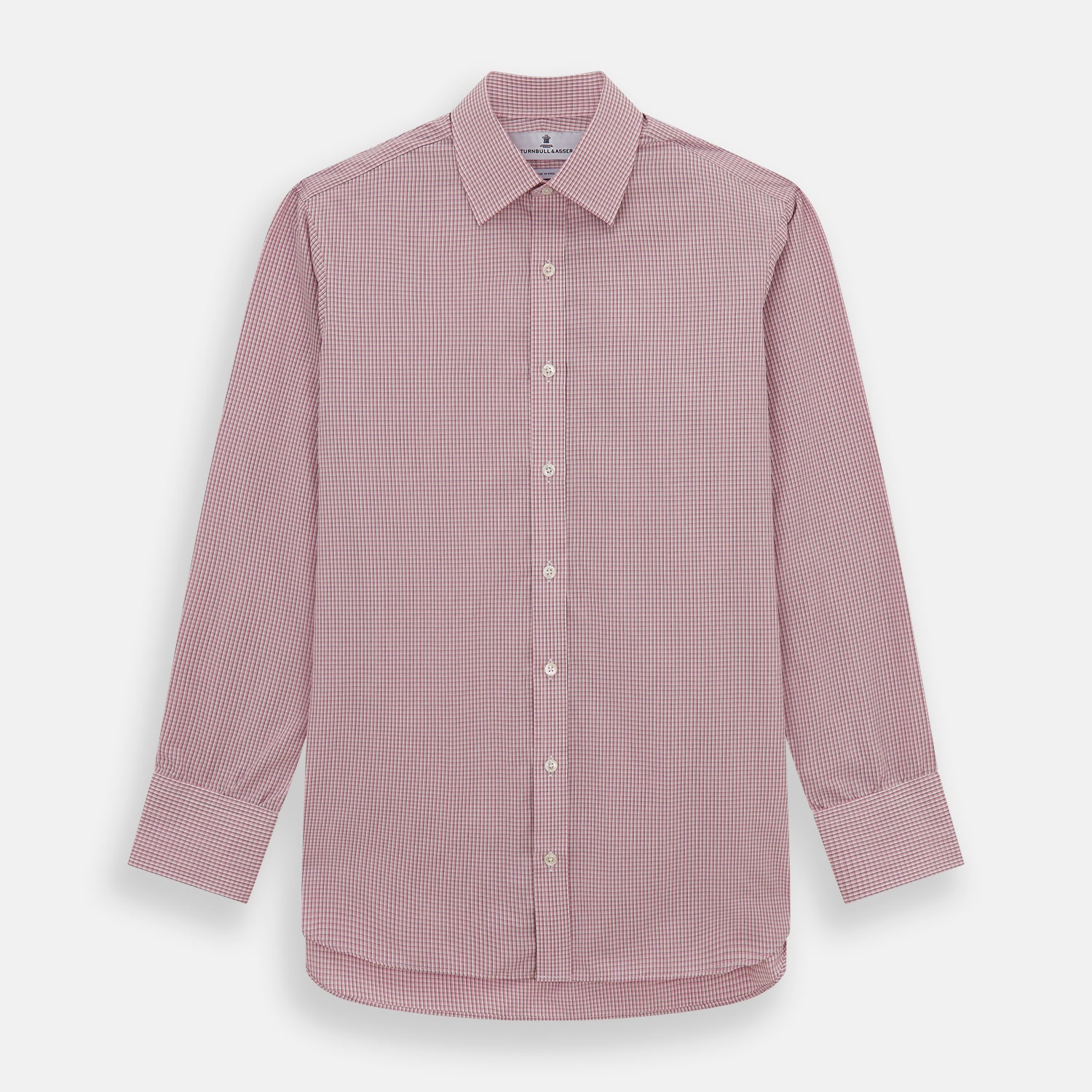 View 1 of product The Turnbull & Asser Pink Fine Graph Check Mayfair Shirt features long sleeves, breathable cotton, a pointed collar, 3-button cuffs, white buttons, and a red and white check pattern—shown on a plain white background.