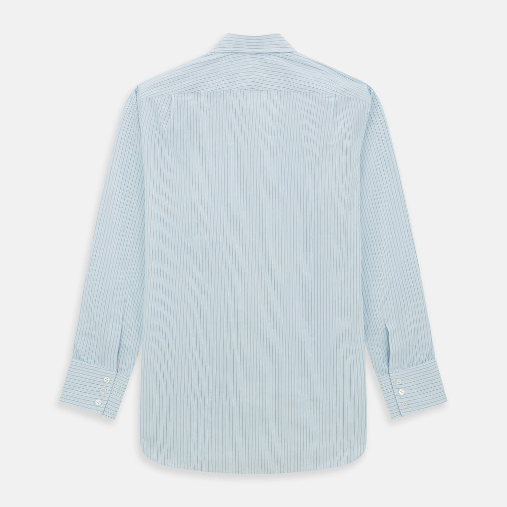 The Turnbull & Asser Blue Multi Pinstripe Mayfair Shirt is a long-sleeve, organic cotton dress shirt with button front, classic collar, and cuffs, shown on a white background.